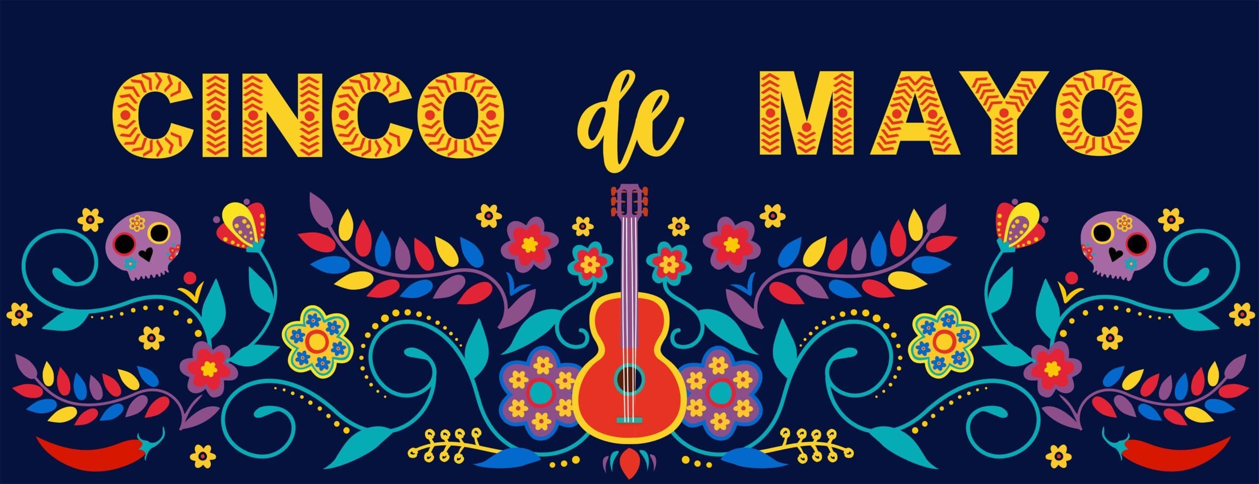 Cinco de Mayo Mexican banner with guitar and flowers