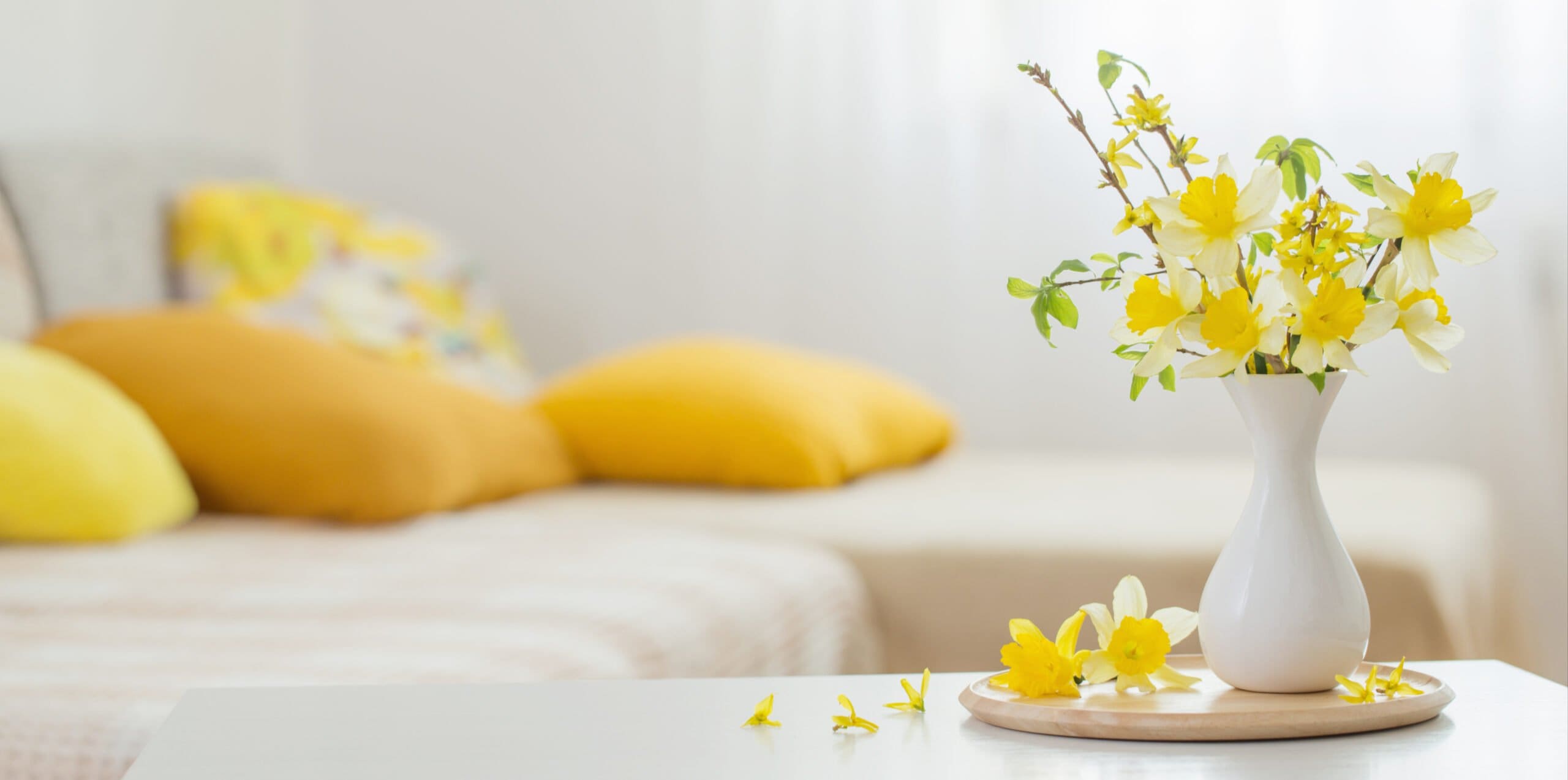 home decor for spring with vase of flowers and pillows