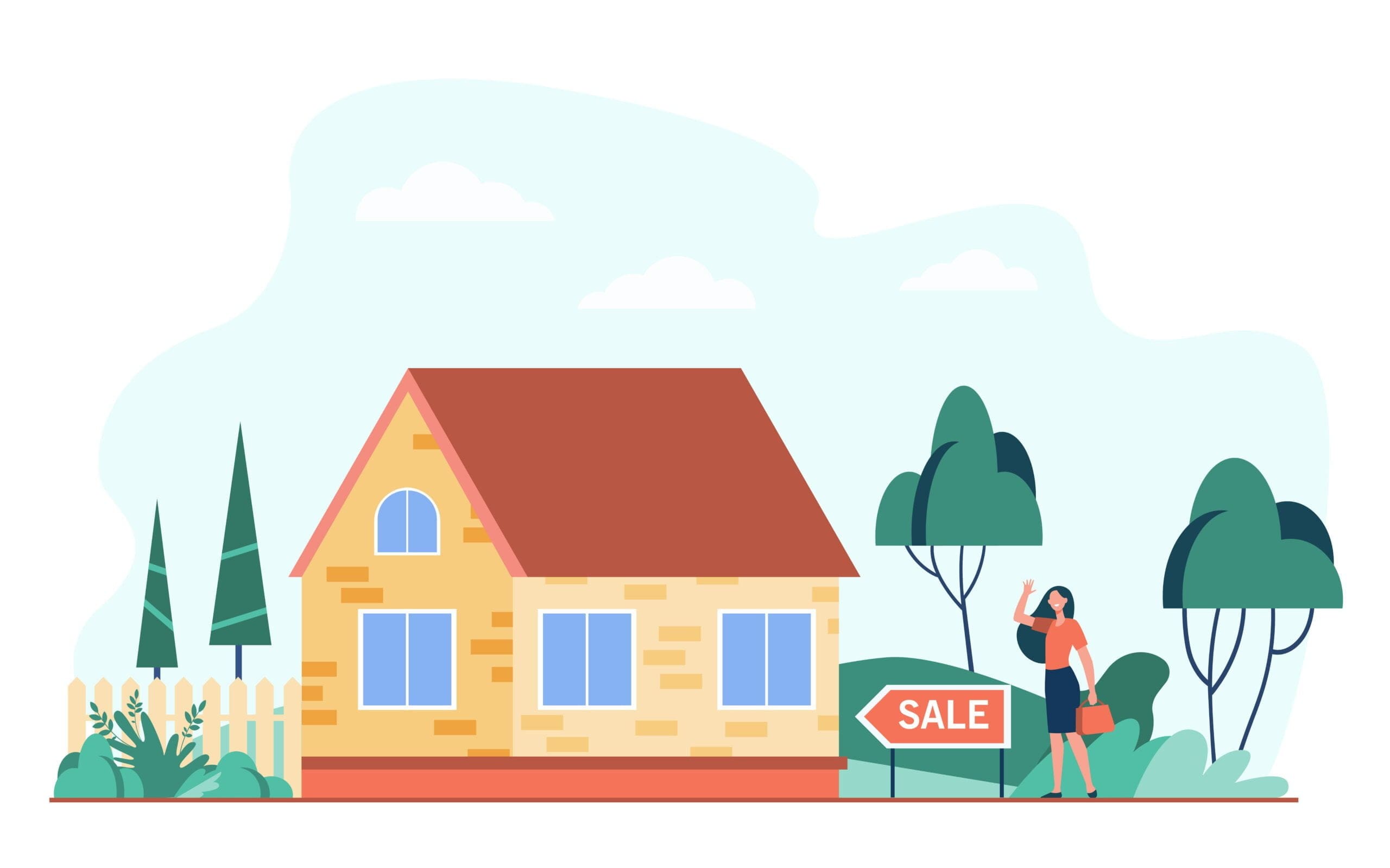cartoon picture of house with for sale sign out in front of it and woman trying to maximize the value of your home before selling it