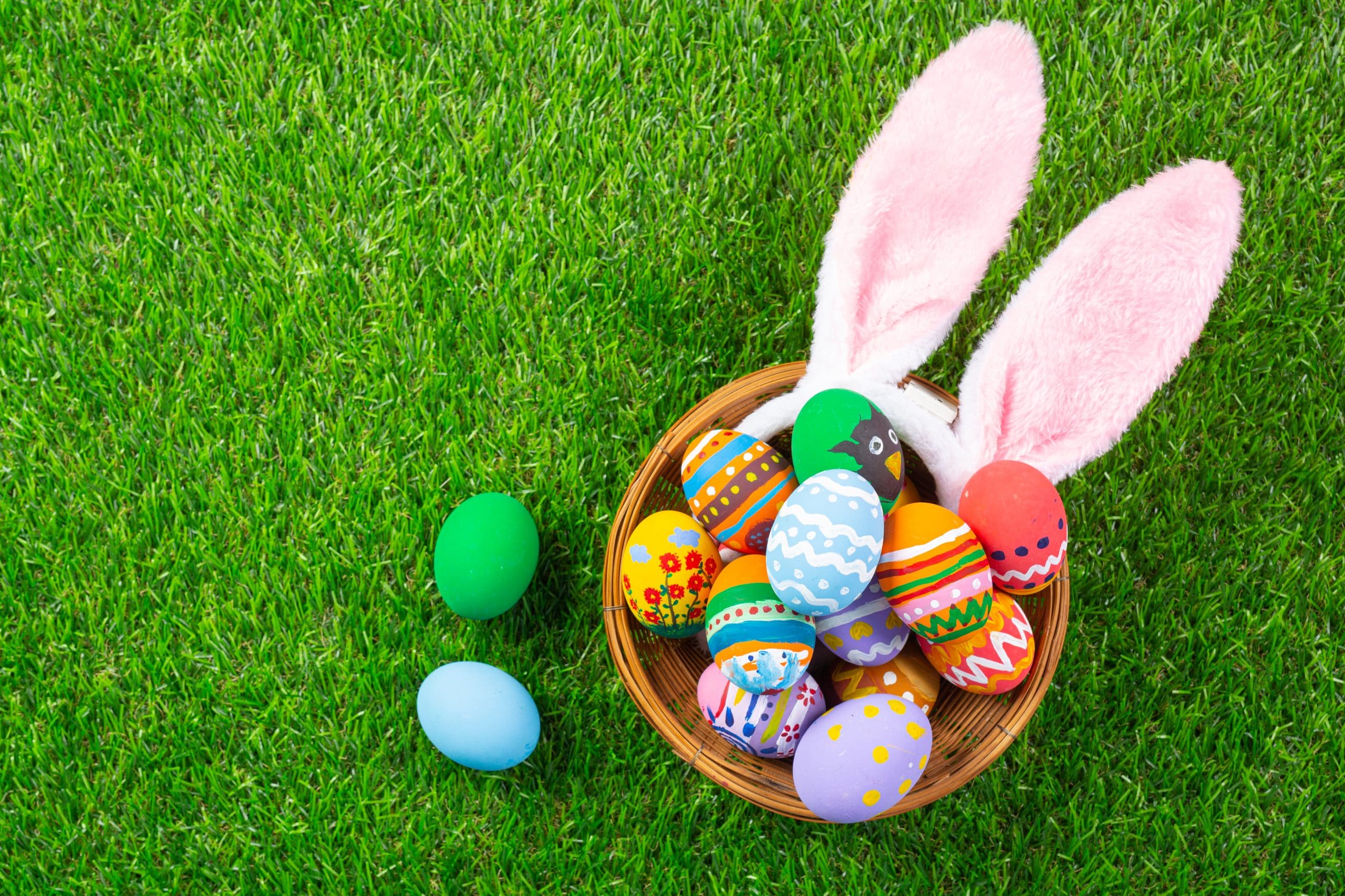 Colorful Easter Eggs in Easter Egg Hunt Basket on Green Grass