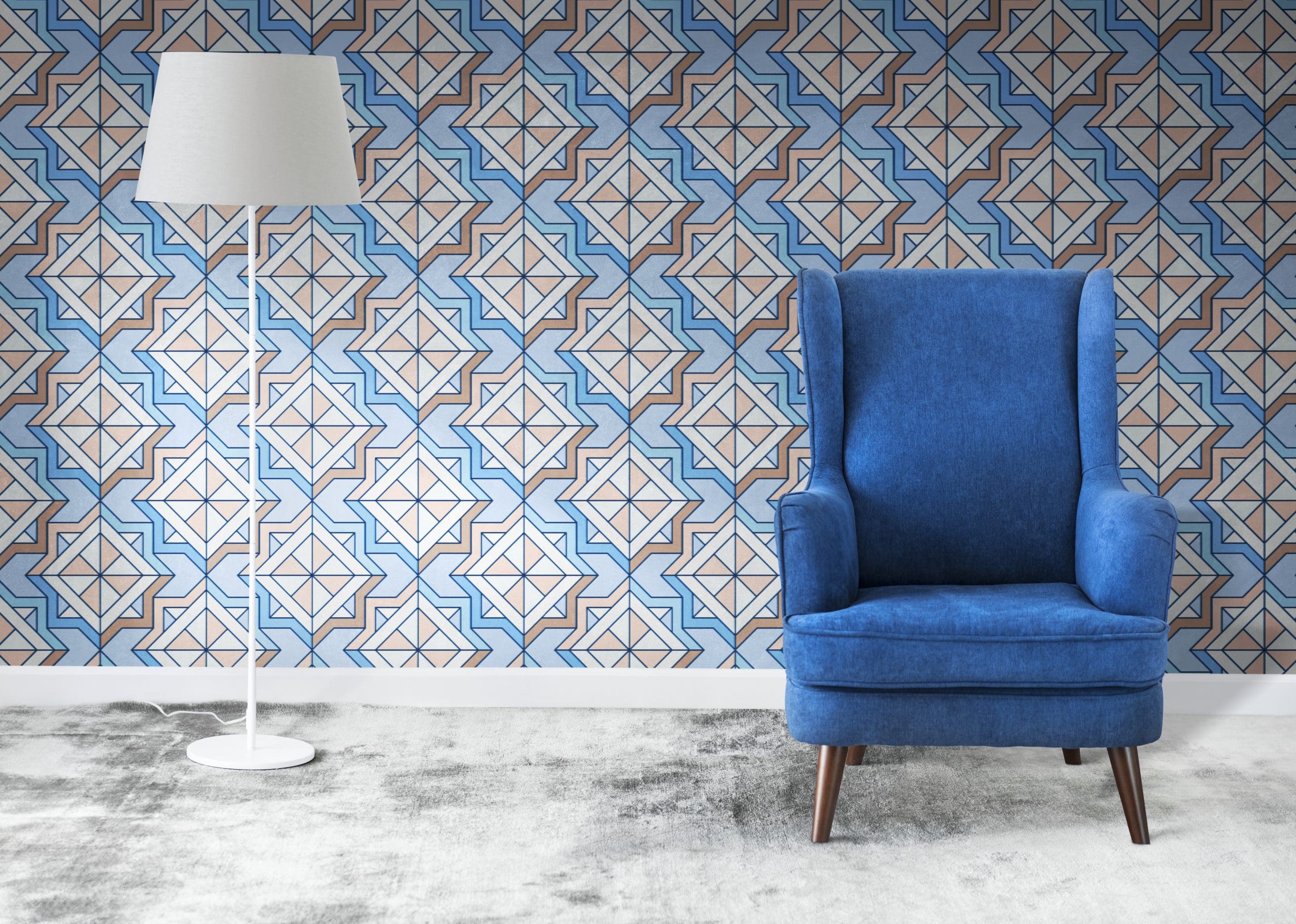 Blue Chair in Room Where Homeowners are Applying Wallpaper