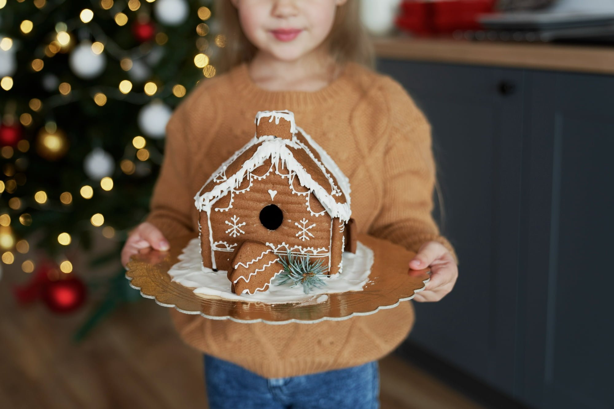 little girl holding her gingerbread house after learning how to make your own gingerbread house